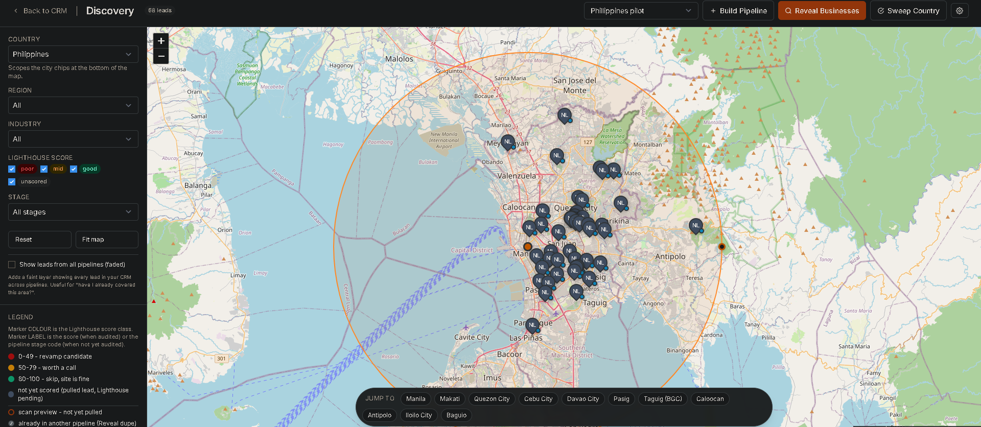 Map of Manila with a geofenced radius and scored business leads