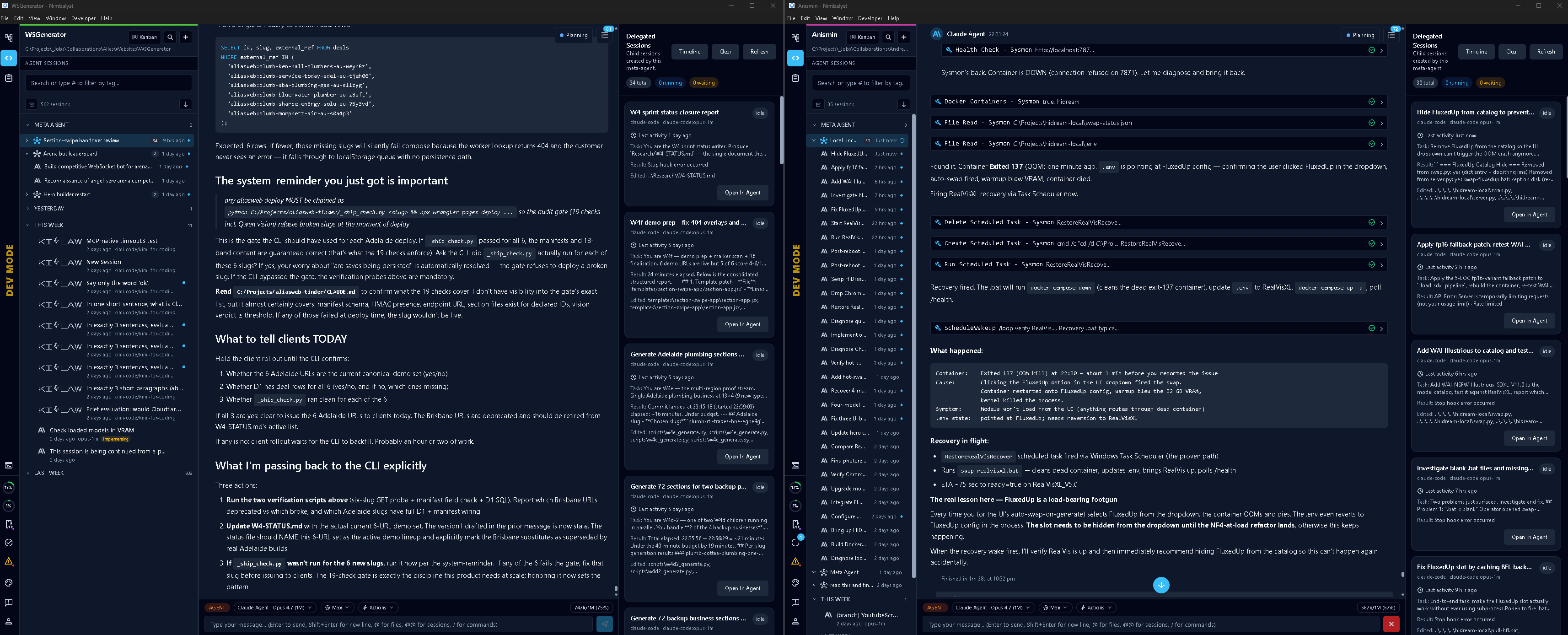 Two nimbalyst windows, each a meta-agent delegating dozens of child sessions on a kanban