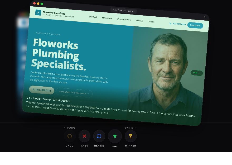 Swipe deck card showing an AI-built plumbing site with pass and winner controls